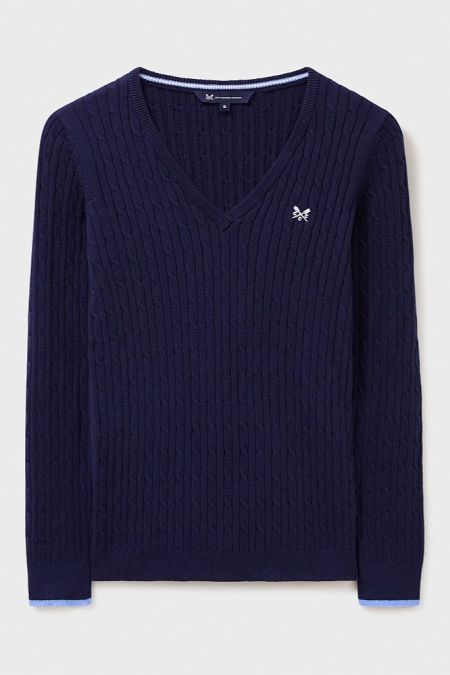 Crew Clothing Cable Knit Cotton / Cashmere Mix V Neck Jumper - NAVY